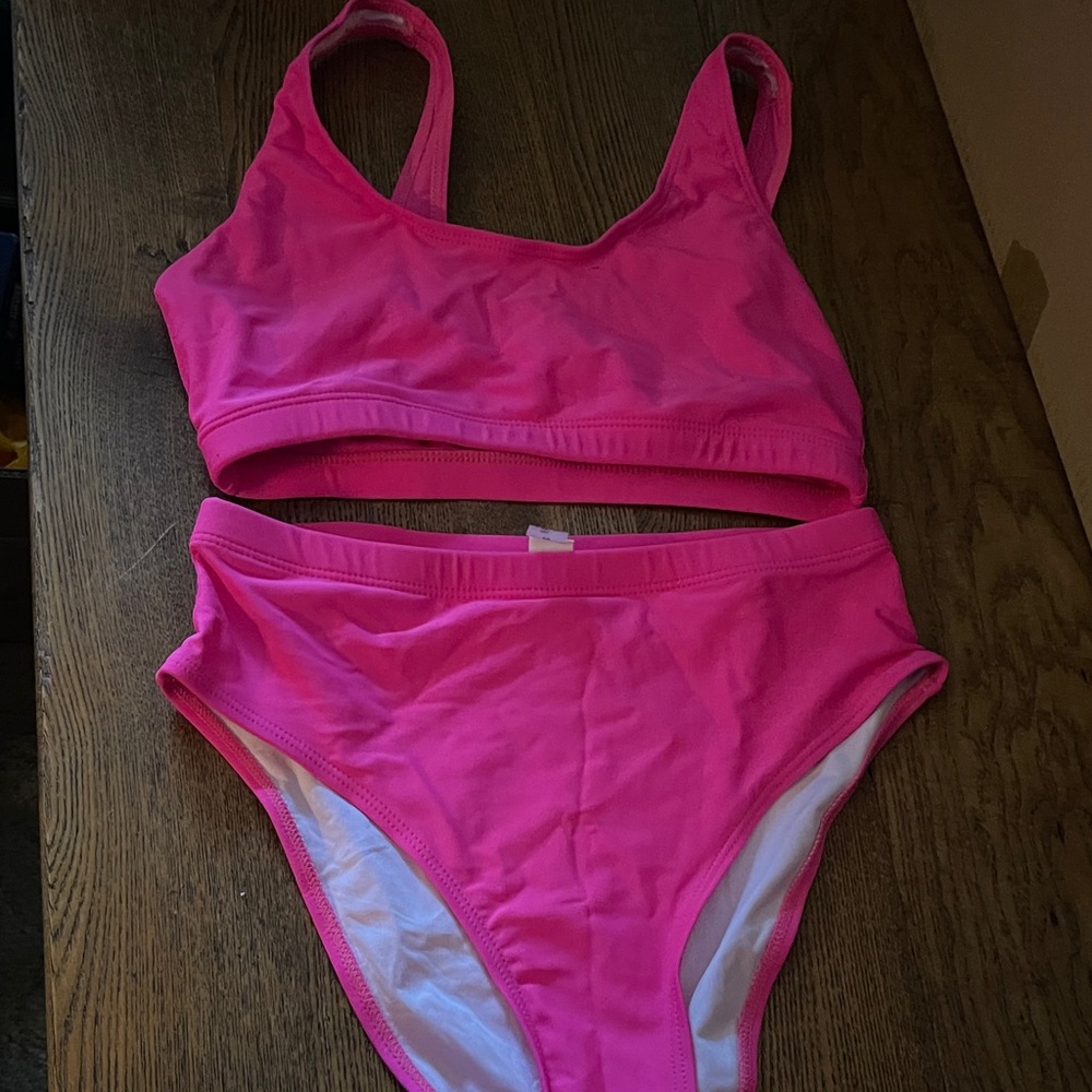 Vibrant Pink Bikini Set with Sports Bra Style Top Bathing Suit Swimsuit